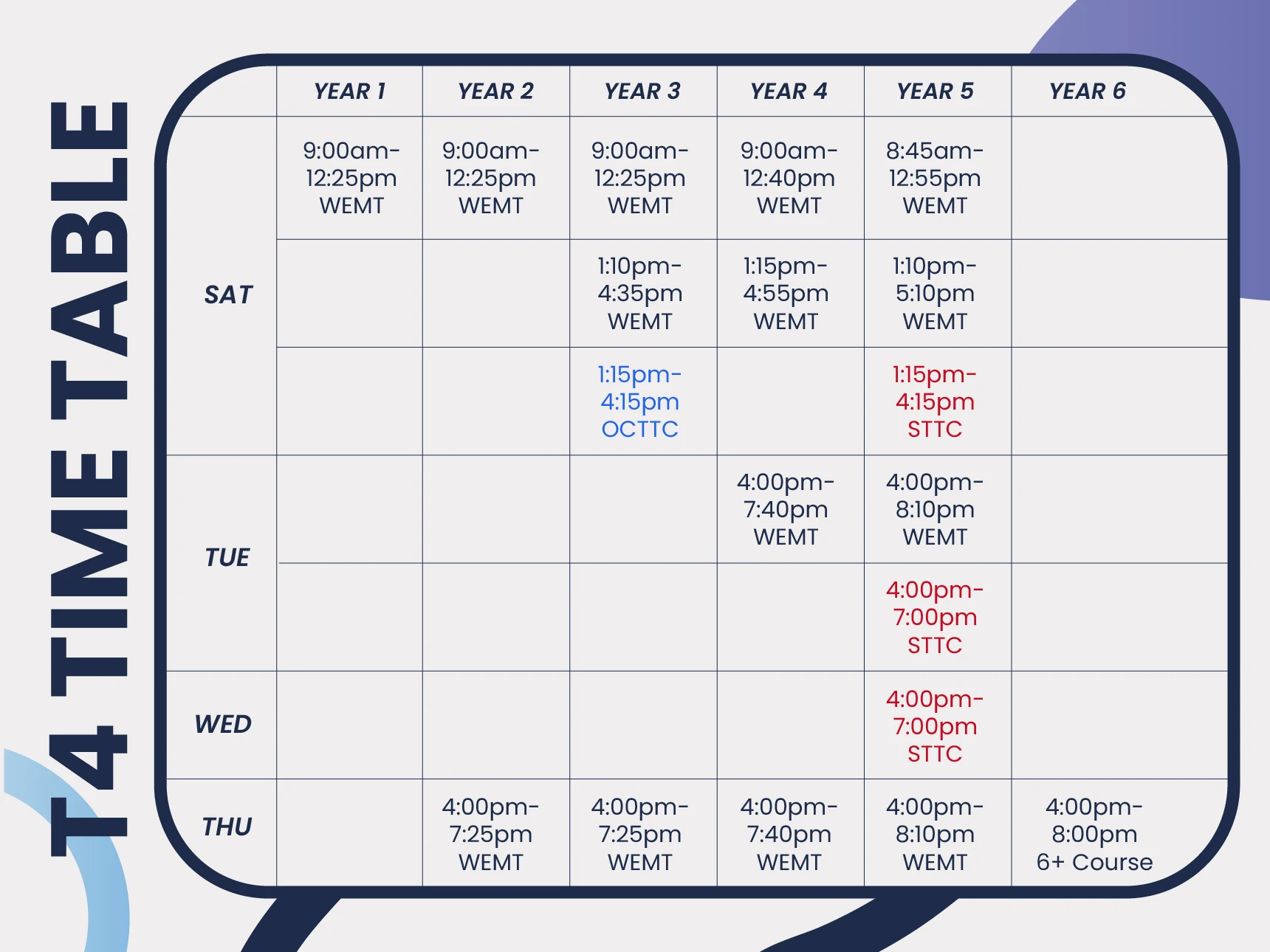 Term 4 timetable for Years 1 to 6, with WEMT, OCTTC and STTC class times